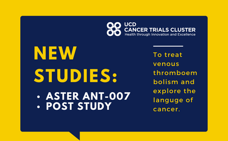 A navy thumbnail against a yellow background. The text reads: New studies ASTER-ANT-007 and POST. To treat venous thromboembolism and explore the languge of cancer.